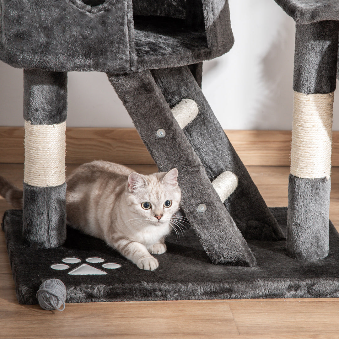 PawHut Cat Tower Floor-to-Ceiling 240-260cm Indoor Cat Tree, Adjustable Cat Post with Condos, Ramps, Hammocks, Toy Balls, Dark Grey | Aosom UK