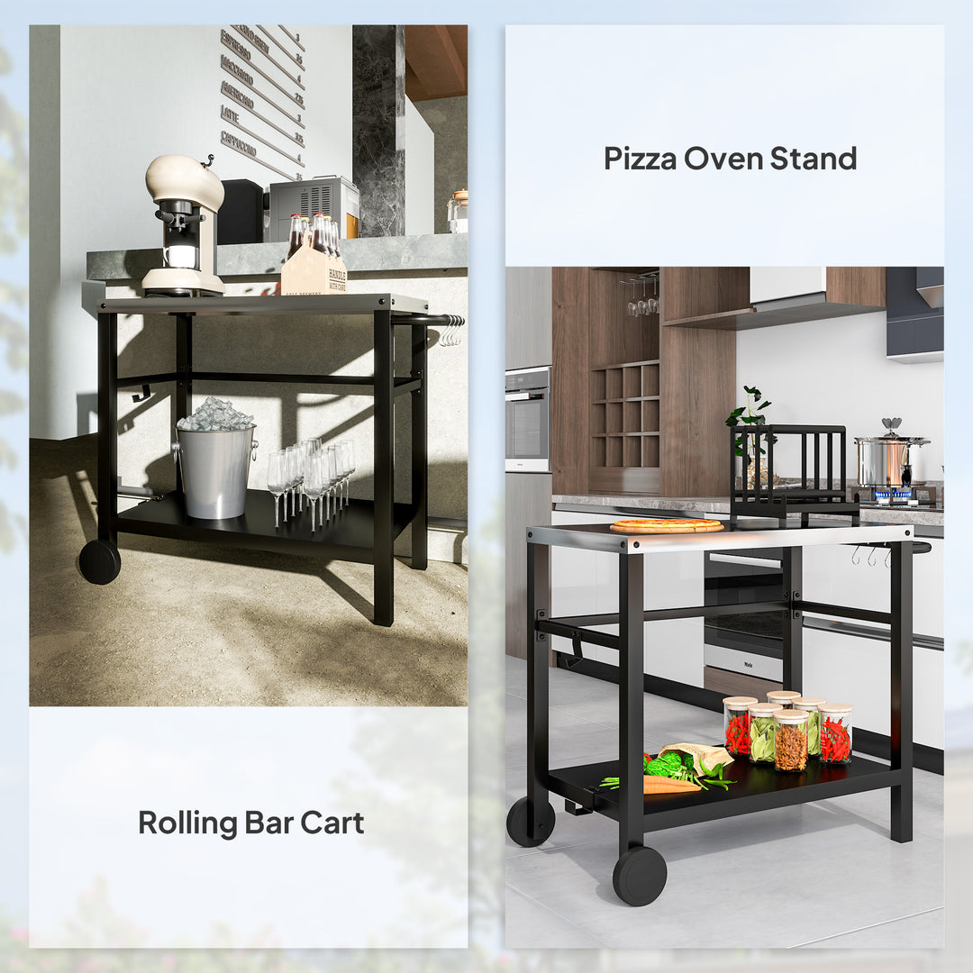 Outdoor Grill Dining Cart 2-Shelf Movable Pizza Oven Table Stand with Stainless Steel Top, Portable BBQ Trolley Food Prep Outdoor Kitchen BBQ Station with Hooks Wheels Handle, Charcoal Grey