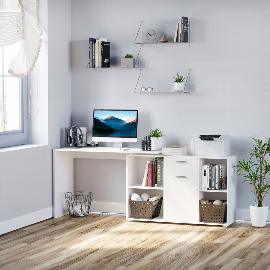 L-Shaped Computer Desk with Storage Compartments, Drawer and Cabinet, Laptop PC Corner Table, Home Office Workstation, 120 x 115 x 76cm, White