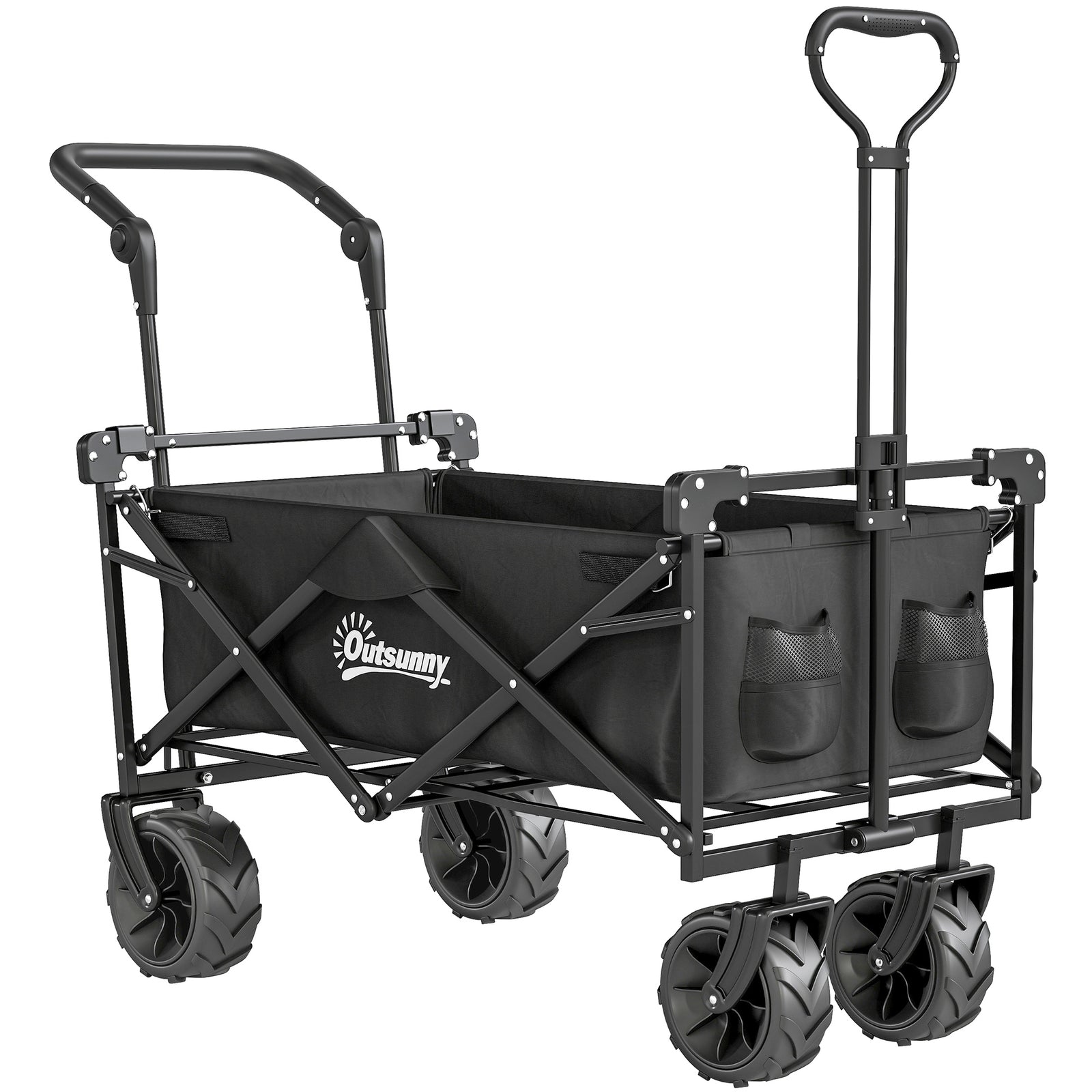 Folding Trolley Cart Storage Wagon Beach Trailer 4 Wheels with Handle Overhead Canopy Cart Push Pull for Camping, Black