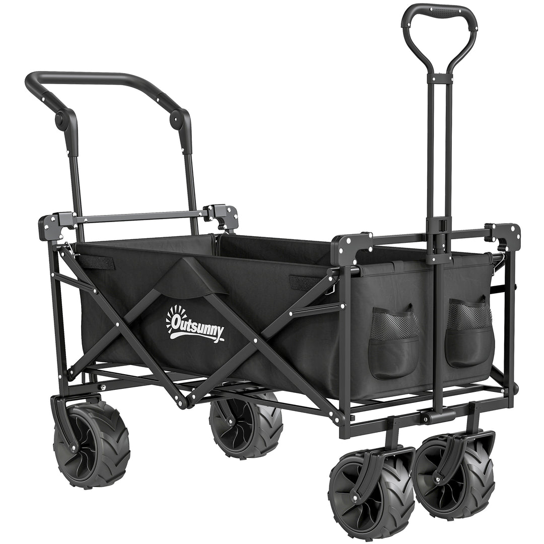 MCL Folding Trolley Cart Storage Wagon Beach Trailer 4 Wheels with Handle Overhead Canopy Cart Push Pull for Camping, Black