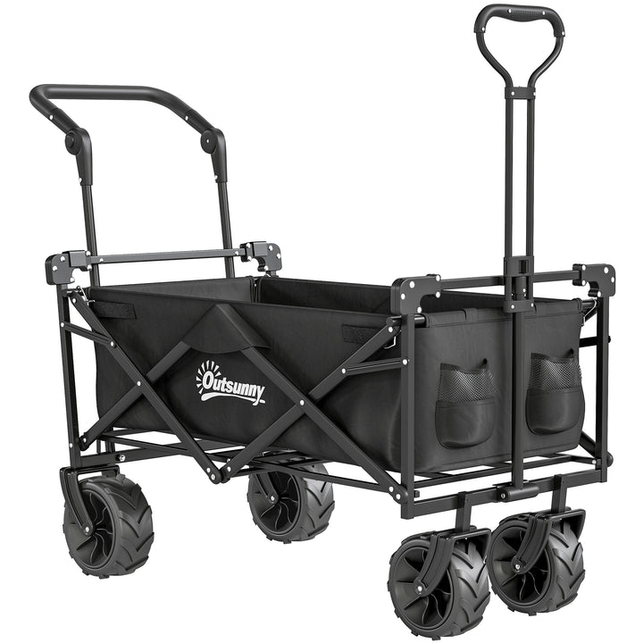 MCL Folding Trolley Cart Storage Wagon Beach Trailer 4 Wheels with Handle Overhead Canopy Cart Push Pull for Camping, Black