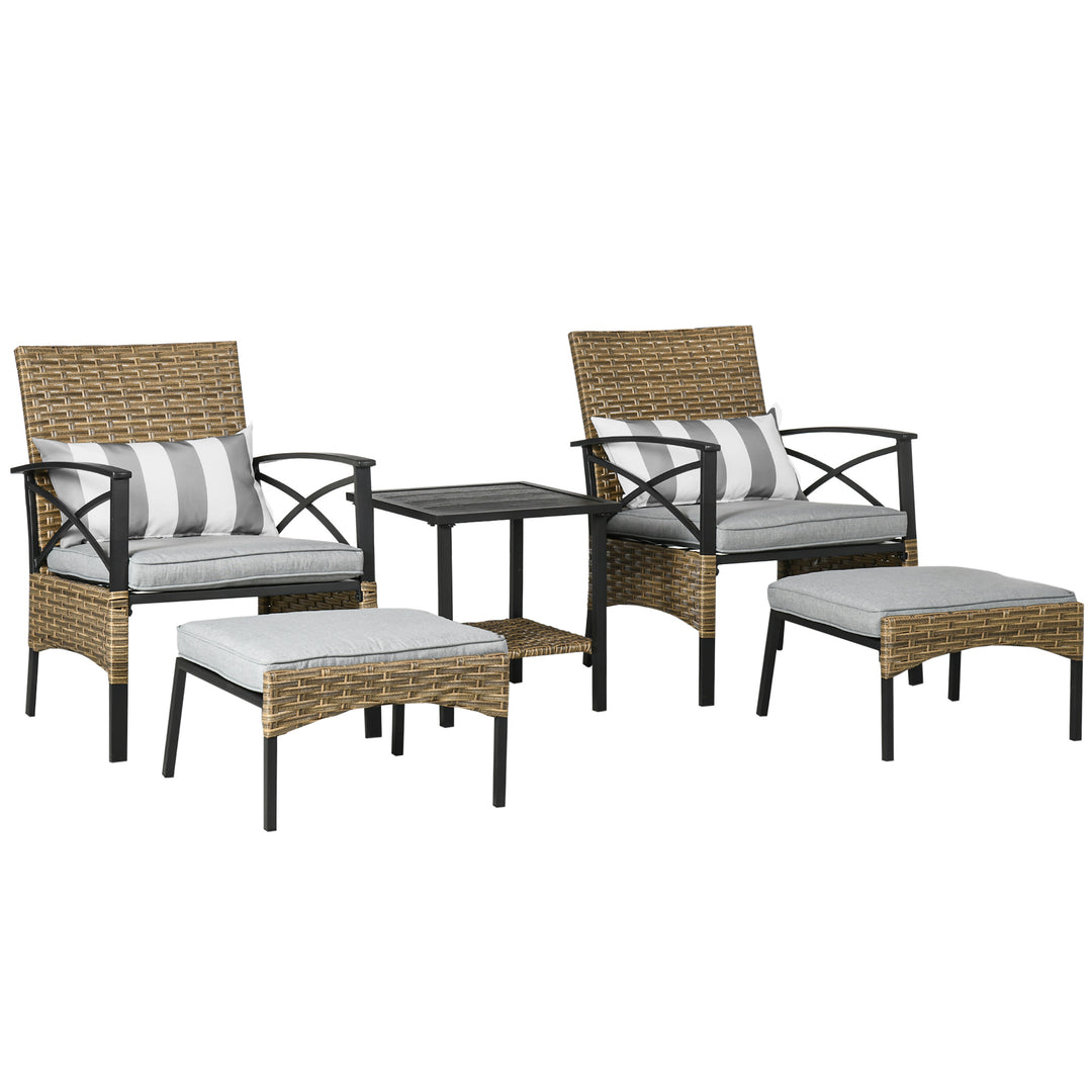 5 Piece PE Rattan Garden Furniture Set, 2 Armchairs,2 Stools, Steel Tabletop with Wicker Shelf, Padded Outdoor Seating, Grey
