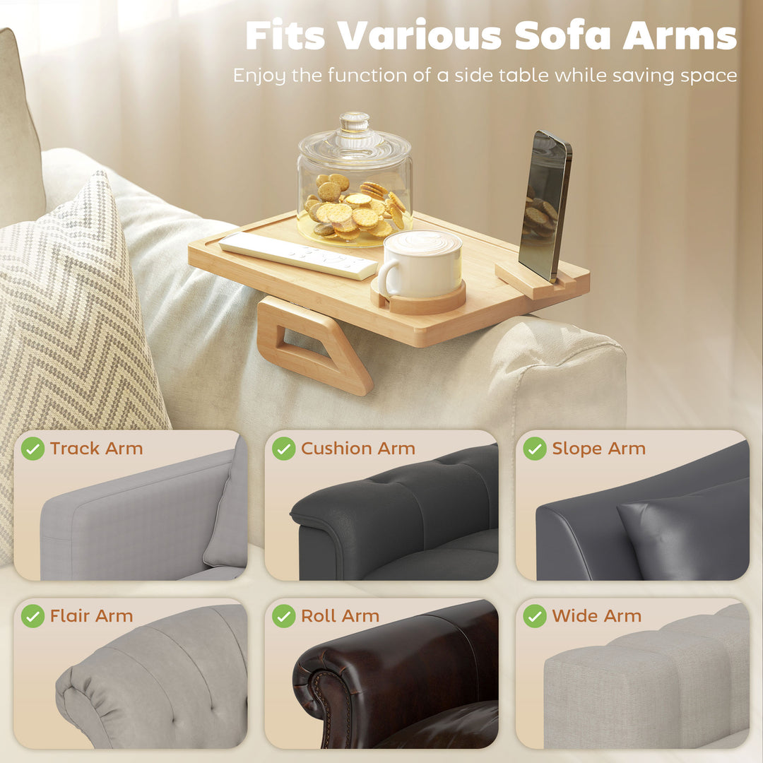 Anti-Slip Sofa Armrest Tray, Bamboo Sofa Arm Tray with 360° Phone Hold