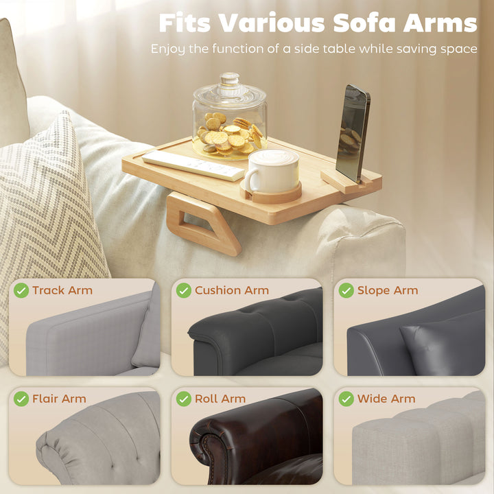 Anti-Slip Sofa Armrest Tray, Bamboo Sofa Arm Tray with 360° Phone Hold