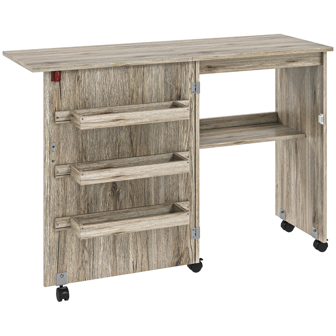 Folding Sewing Table, Drop Leaf Craft Table with Storage Bins, Open Shelf and Wheels, Rolling Sewing Machine Cabinet Computer Desk for Small Space, Grey