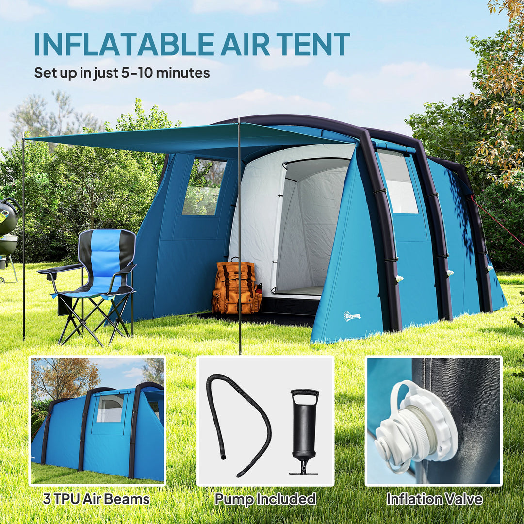 Inflatable 3-4 Man Tunnel Tent w/ Air Pump, Living Area & Vestibule, Waterproof Family Camping Air Tent w/ Sewn In Groundsheet & Removable Footprint for Camping, Hiking, Blue