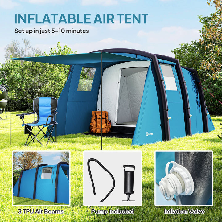 Inflatable 3-4 Man Tunnel Tent w/ Air Pump, Living Area & Vestibule, Waterproof Family Camping Air Tent w/ Sewn In Groundsheet & Removable Footprint for Camping, Hiking, Blue