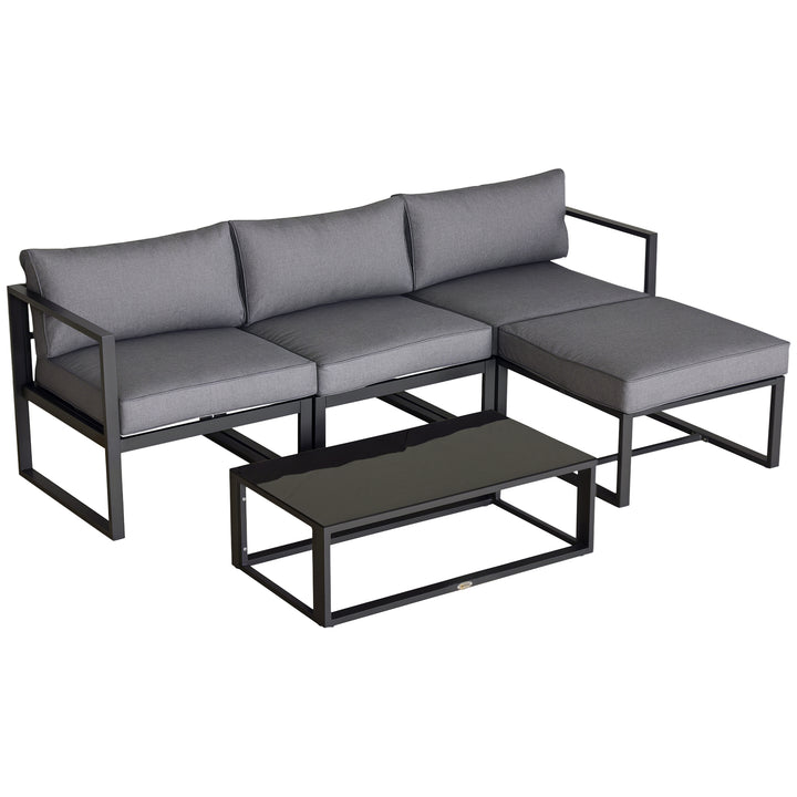5 Pieces Outdoor Patio Furniture Set, Sofa Couch with Glass Coffee Table, Cushioned Chairs and Aluminum Tube, for Balcony Garden Backyard, Grey