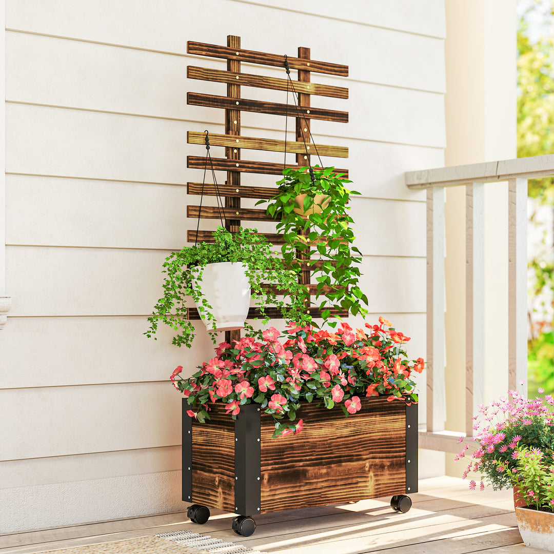 Raised Garden Bed with Trellis, Outdoor Wooden Planter Box with Metal Corners and Wheels, Raised Bed for Garden