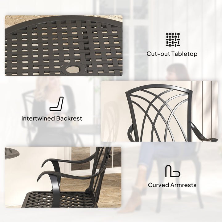 3 Pieces Garden Dining Set for 2, Cast Aluminium Outdoor Dining Set with 2 Armchairs and Round Dining Table with Parasol Hole, Garden Furniture Set, Brown