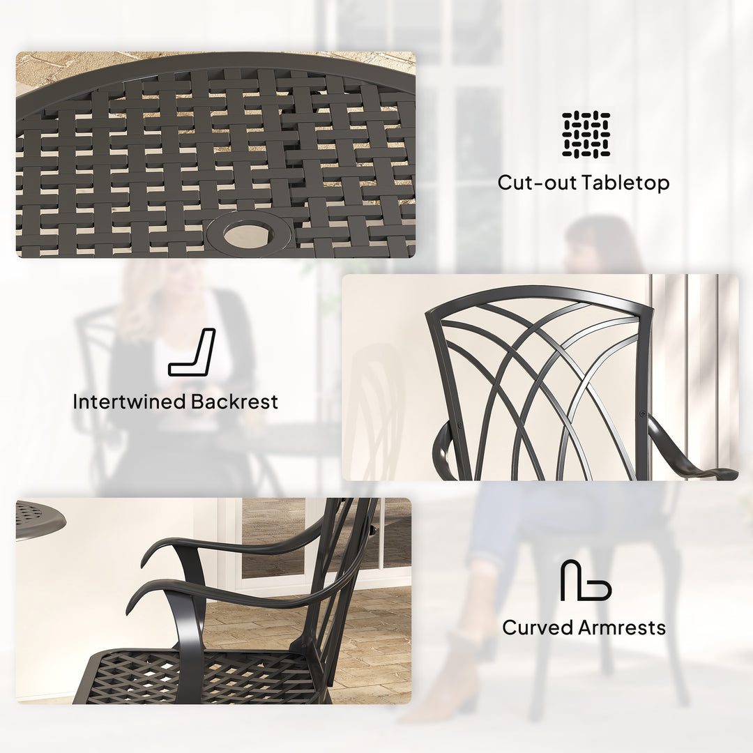 MCL 3 Pieces Garden Dining Set for 2, Cast Aluminium Outdoor Dining Set with 2 Armchairs and Round Dining Table with Parasol Hole, Garden Furniture Set, Brown