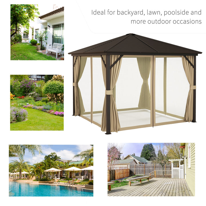 Outsunny 3 x 3 m Garden Gazebo with Netting and Curtains, Hard Top Gazebo Canopy Shelter w/ Metal Roof, Aluminium Frame, for Garden, Lawn