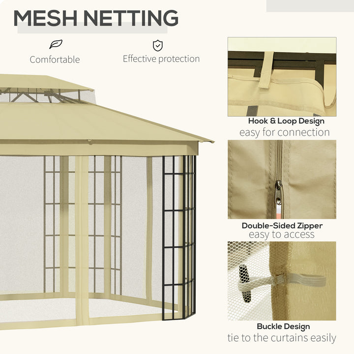 3.7 x 3(m) Patio Gazebo Canopy Garden Tent Shelter with 2 Tiers Roof and Mosquito Netting, Metal Frame, Beige