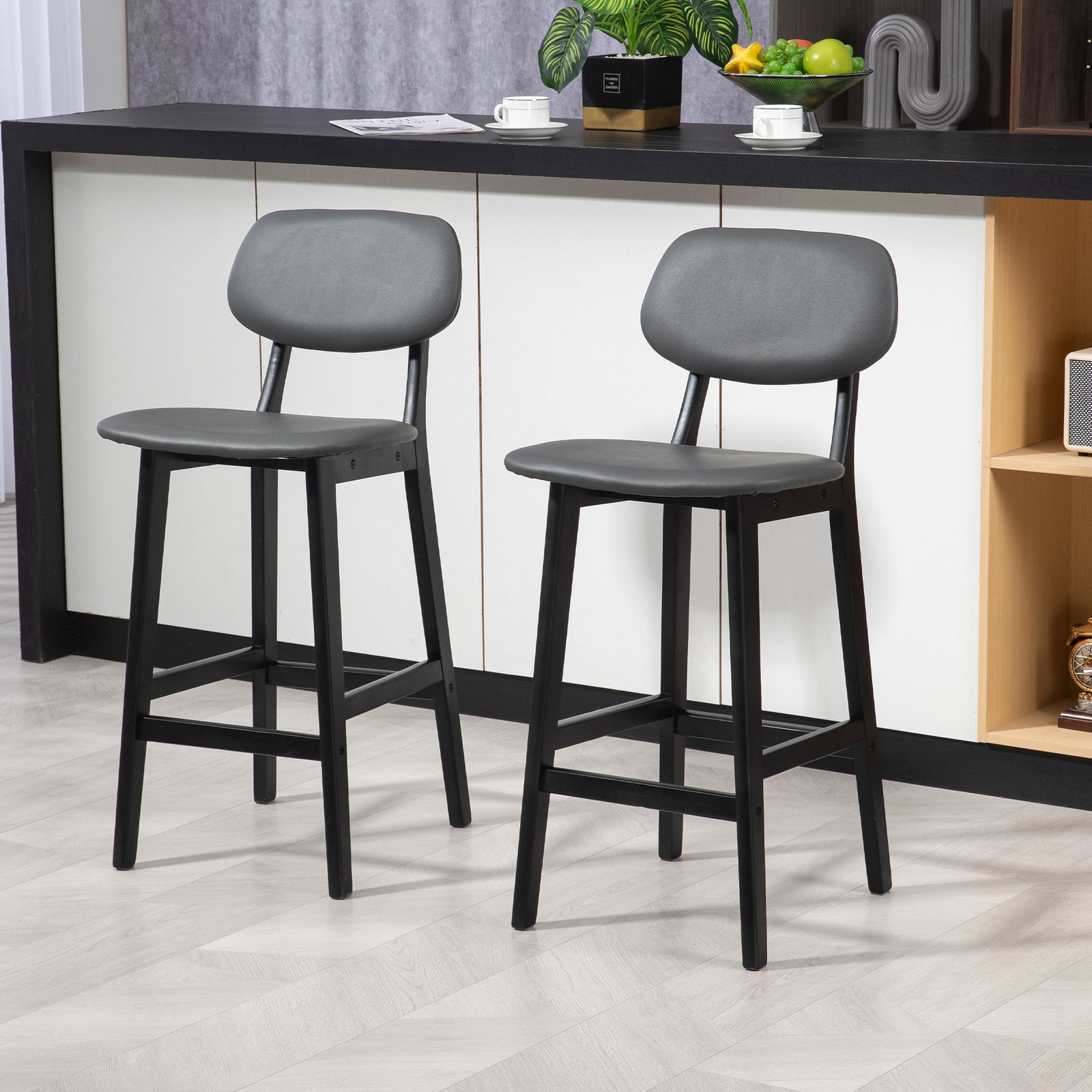Bar Stools Set of 2, Breakfast Bar Chairs, PU Leather Upholstered Kitchen Stools with Backs, Footrests and Solid Wood Legs, Dark Grey