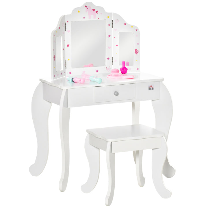 MCL Kids Vanity Table and Chair Set with Tri-Folding Mirror and Stool, Makeup Dressing Table with Drawer, White
