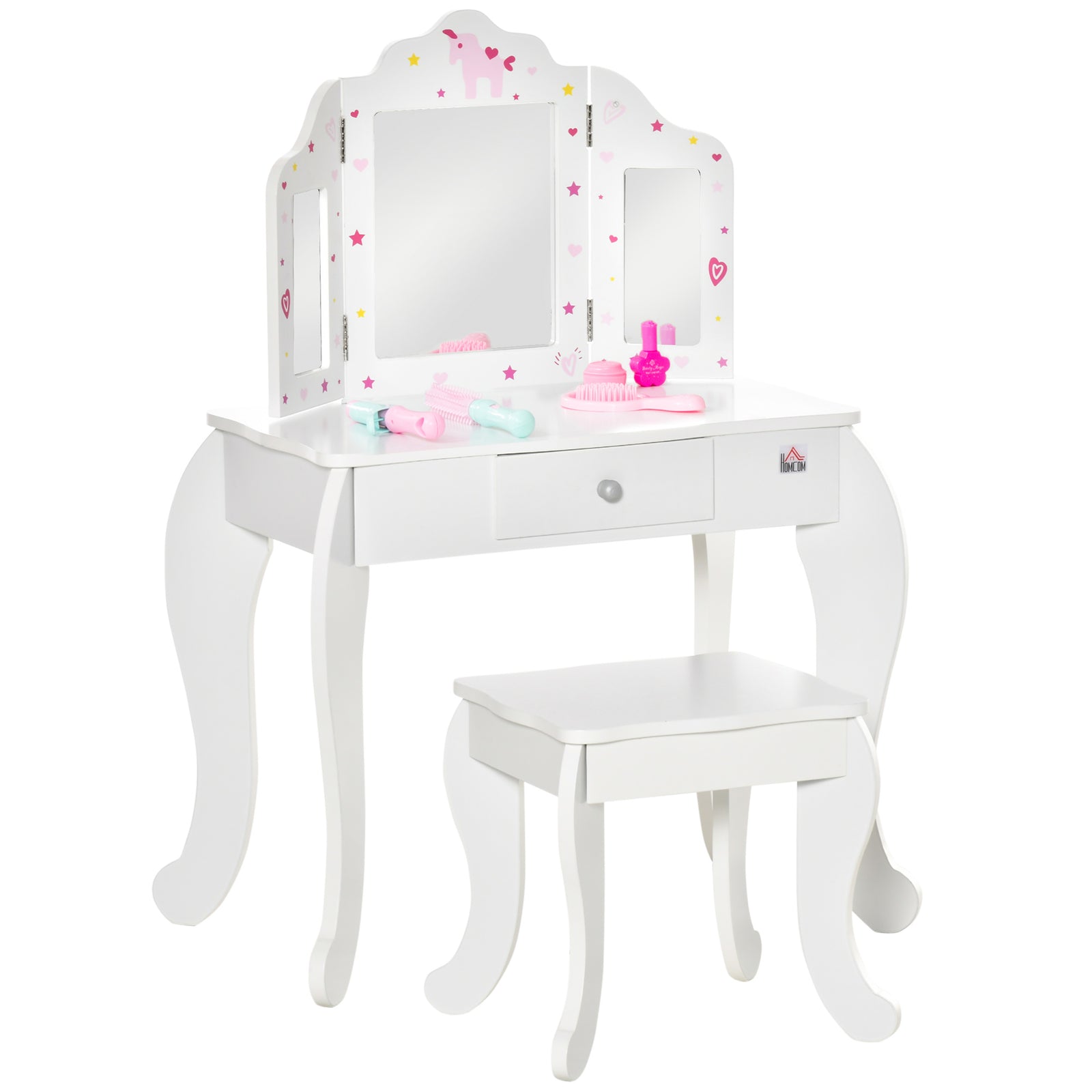 Kids Vanity Table and Chair Set with Tri-Folding Mirror and Stool, Makeup Dressing Table with Drawer, White