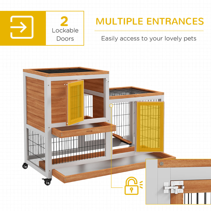Wooden Indoor Hutch Elevated Cage w/ Wheel, Run, Yellow