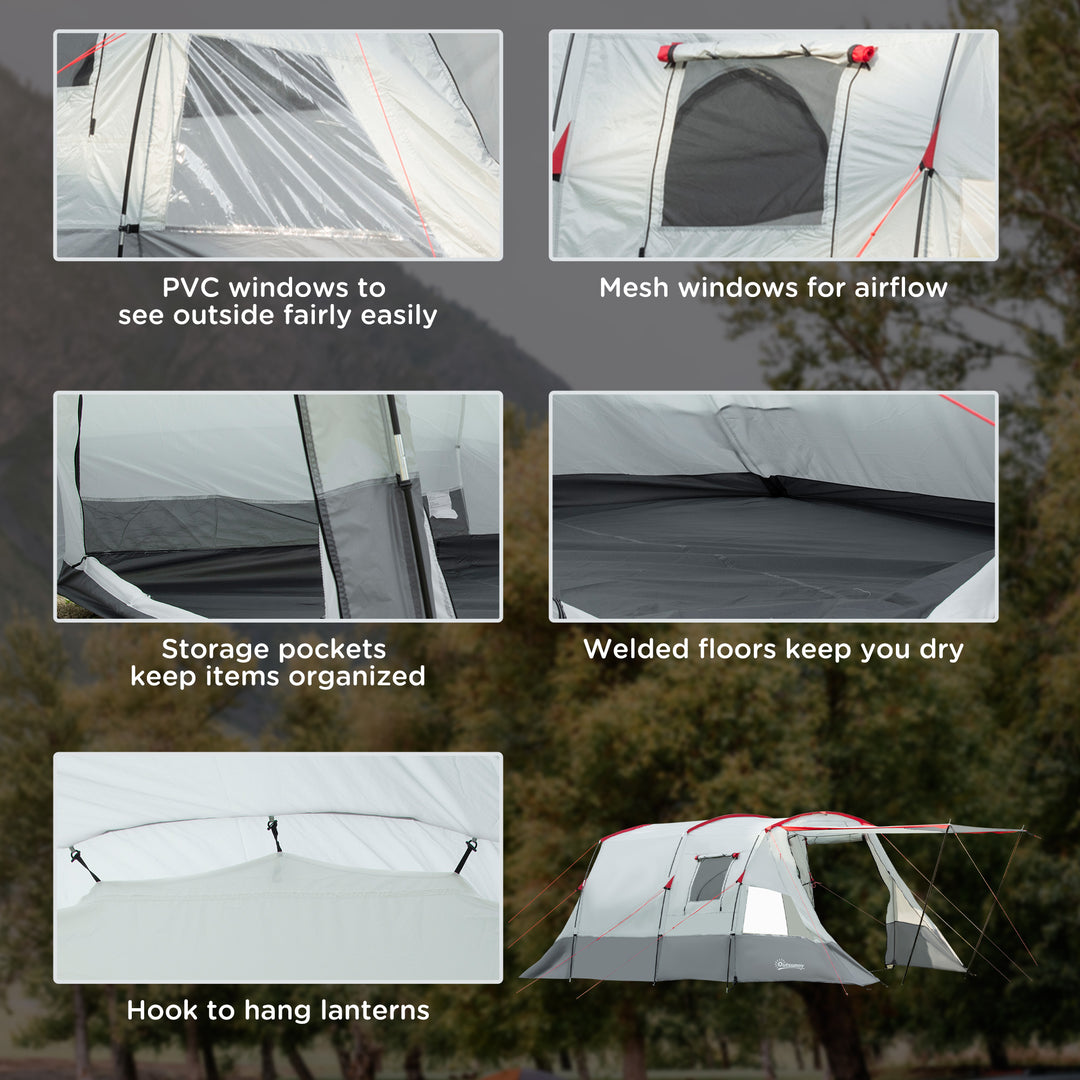 6-8 Person Tunnel Tent, Camping Tent with Bedroom, Living Room, Sewn-in Floor, 3 Doors and Carry Bag, 2000mm Water Column for Fishing, Hiking, Sports, and Traveling, Grey