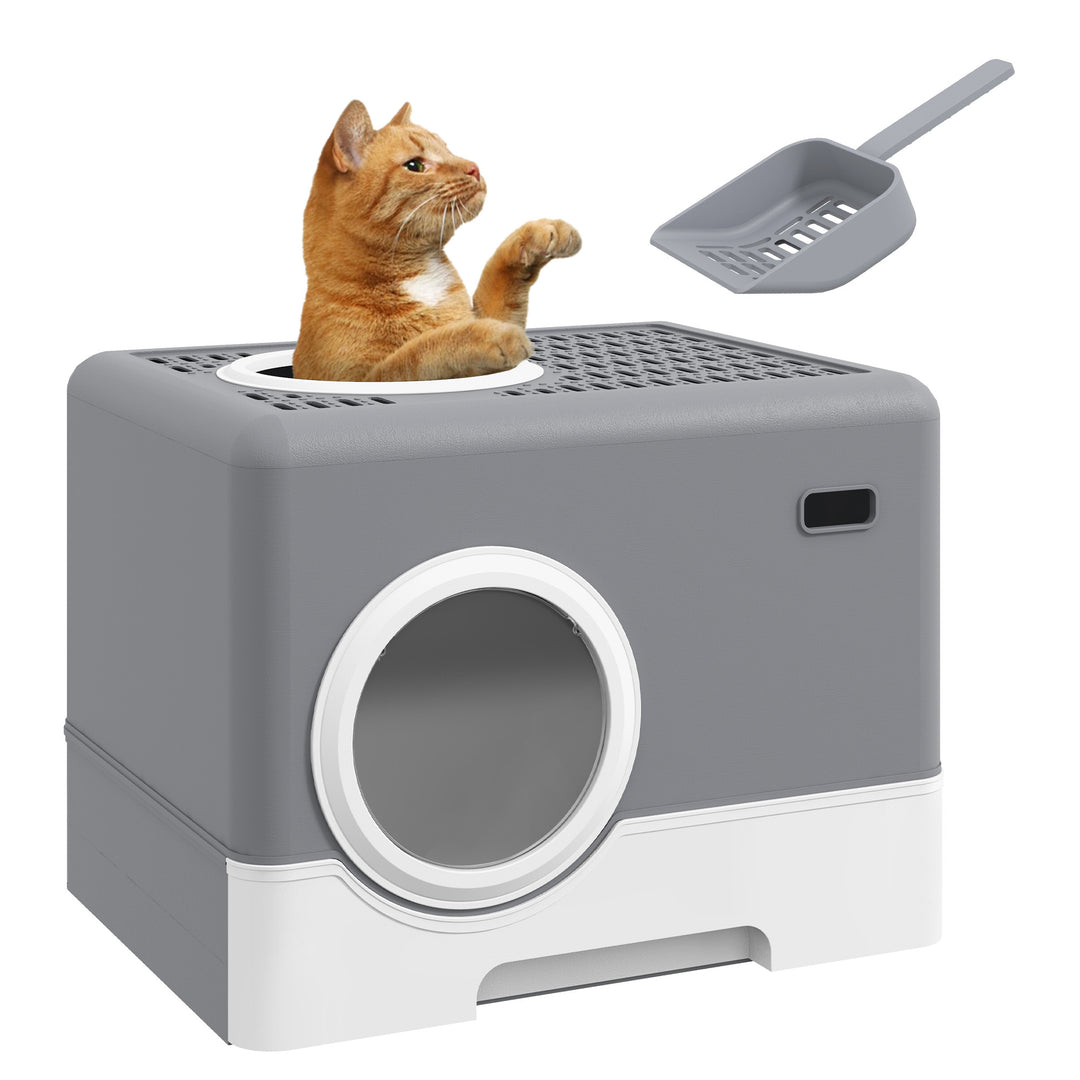 Enclosed Cat Litter Box, with Lid, Front Entry, Top Exit, Pull-Out Tray, Scoop - Grey