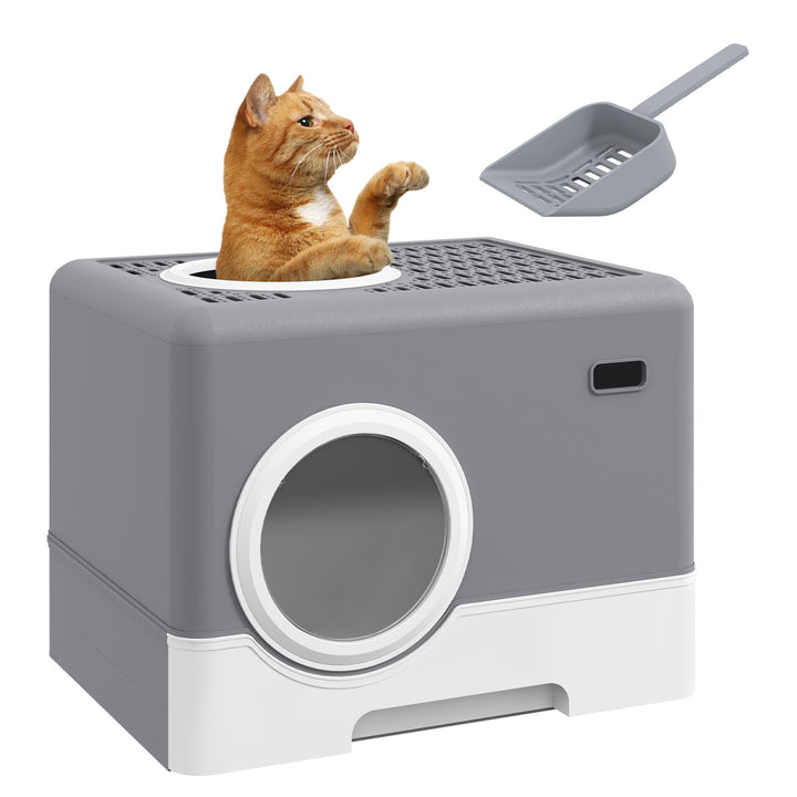 Enclosed Cat Litter Box, with Lid, Front Entry, Top Exit, Pull-Out Tray, Scoop - Grey