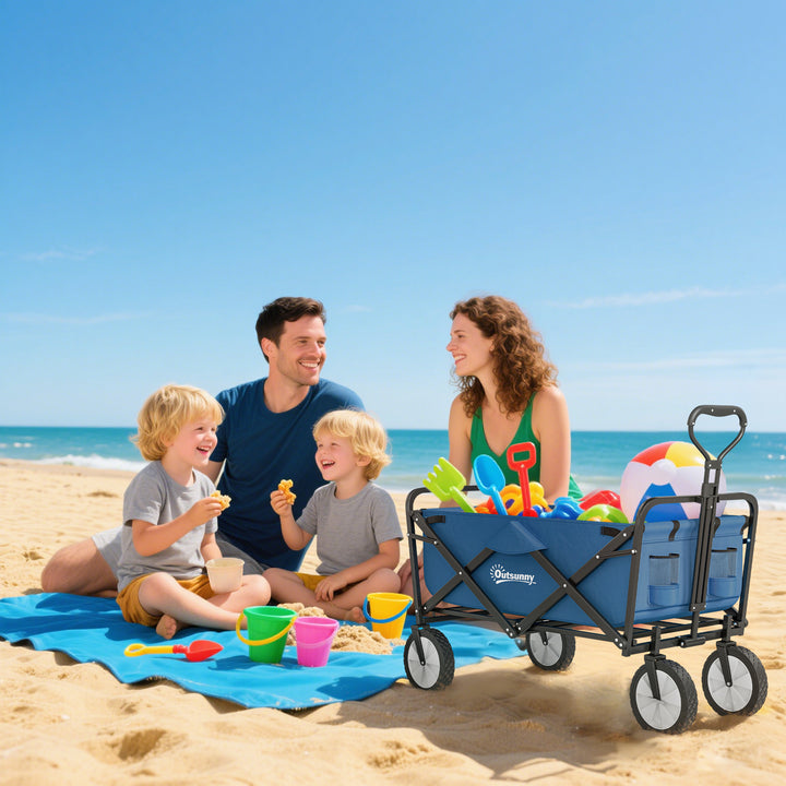 90L Festival Trolley on Wheels, Folding Camping Trolley Cart with Adjustable Handle, Portable for Outdoor, Garden, Shopping, Fishing, Navy Blue