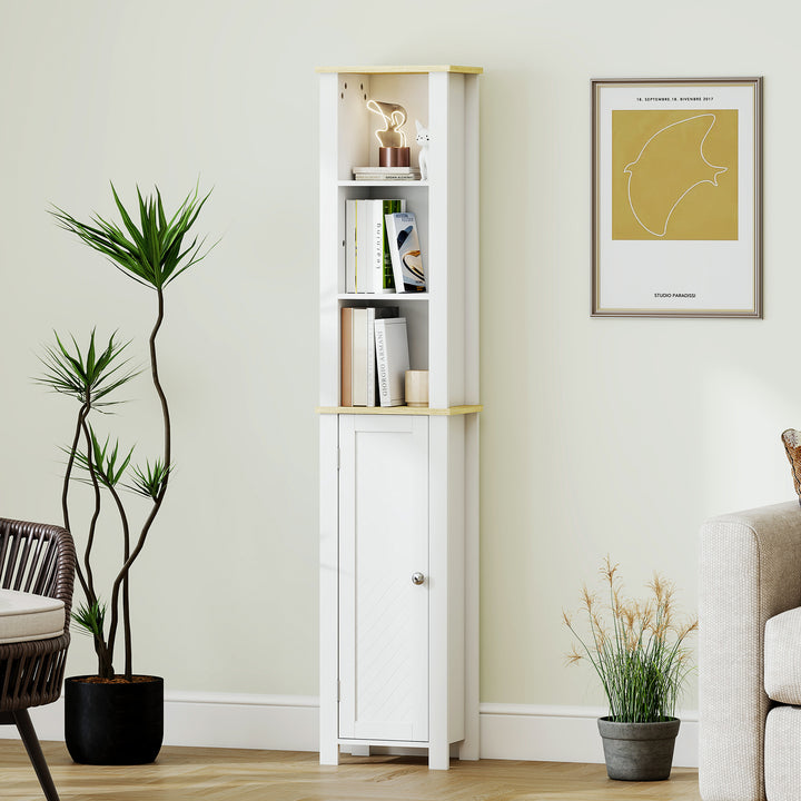 Slim Bathroom Storage Unit with Open Compartment, Bathroom Storage Cabinet with Adjustable Shelf, 34 x 23 x 165 cm, White