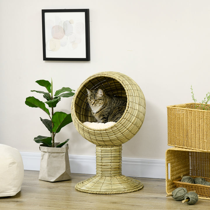 PawHut Cat House Elevated, Natural Mat Grass Bed, Round Kitten Cave with Cushion, Detachable Top, Yellow, 41 x 71.5 cm | Aosom UK