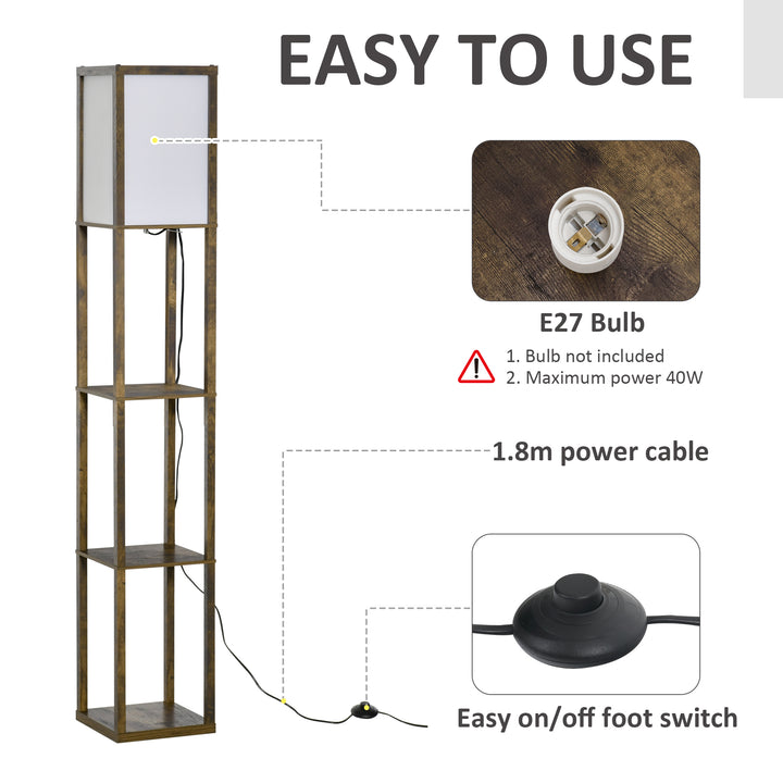 HOMCOM Floor Lamp with Shelves, Floor Light w/ Storage Shelf, Floor Standing Lamp for Living Room, Bedroom, Office, Dorm, Brown | Aosom UK