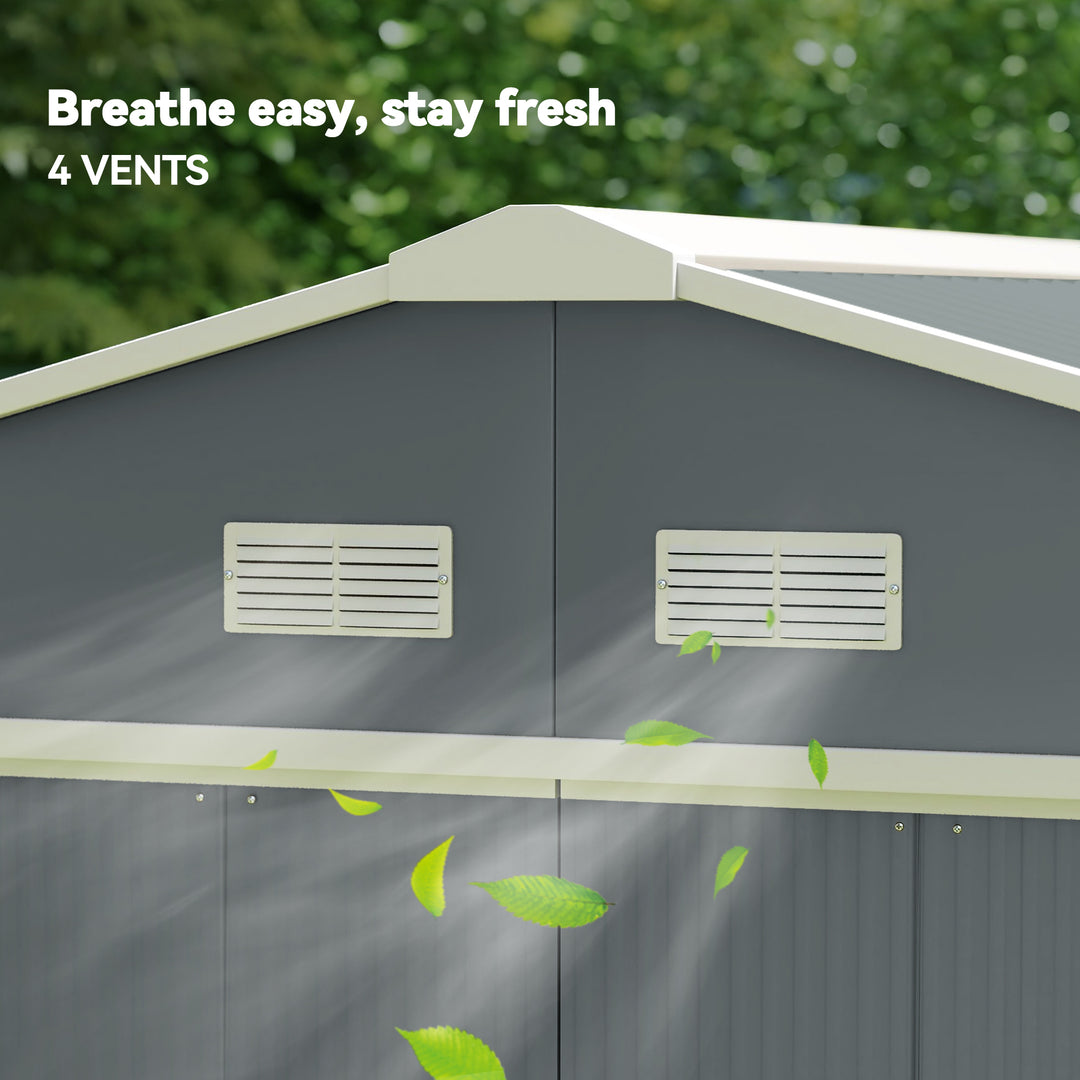 13 x 11ft Metal Garden Shed, Outdoor Storage Tool House with Ventilation Slots, Foundation Kit and Lockable Double Doors, Grey