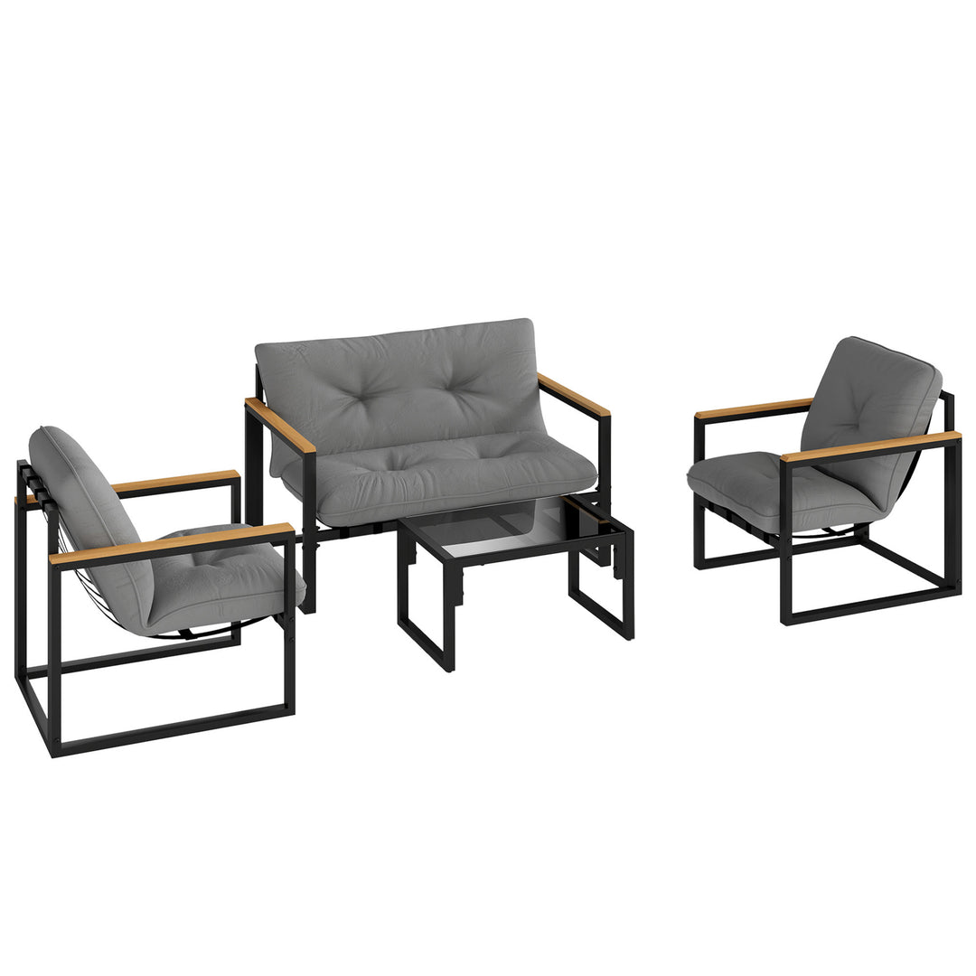 Garden Furniture Set, 4 Piece Indoor Outdoor Conservatory with Loveseat Sofa, Armchairs, Glass Top Coffee Table, Cushions for Balcony, Poolside, Patio, Light Grey