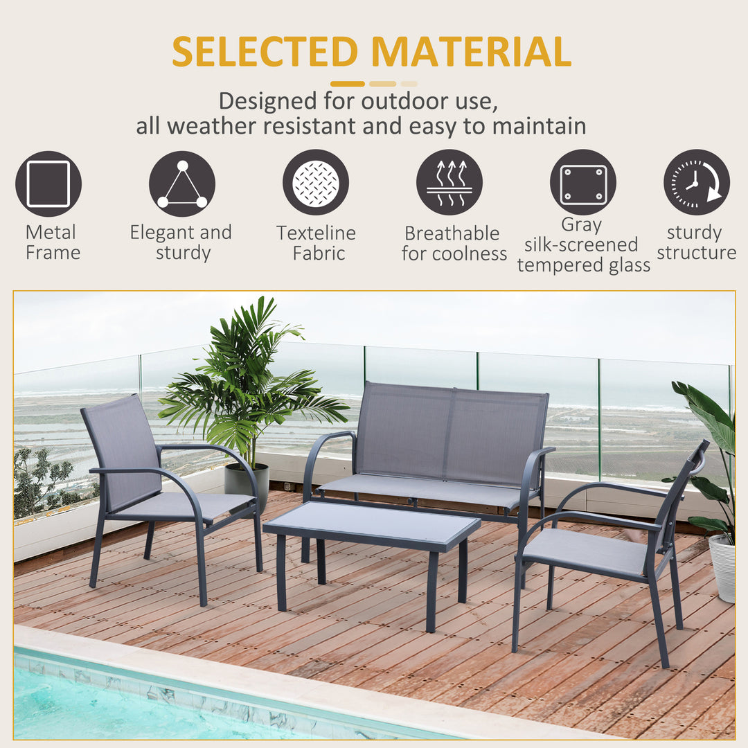 Outsunny 4 pcs Curved Steel Patio Furniture Set w/ Loveseat, Texteline Seats, Glass Top Table For Party Event, Grey | Aosom UK