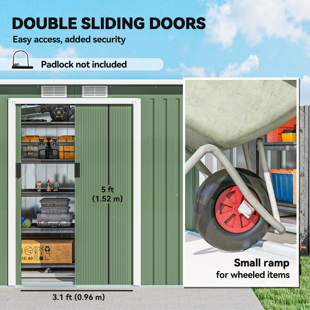 MCL 9ft x 4ft Metal Garden Shed, Outdoor Tool House with Foundation Kit, Ventilations and Double Doors, Light Green