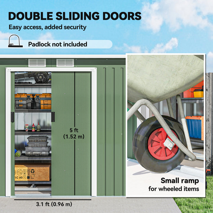 MCL 9ft x 4ft Metal Garden Shed, Outdoor Tool House with Foundation Kit, Ventilations and Double Doors, Light Green