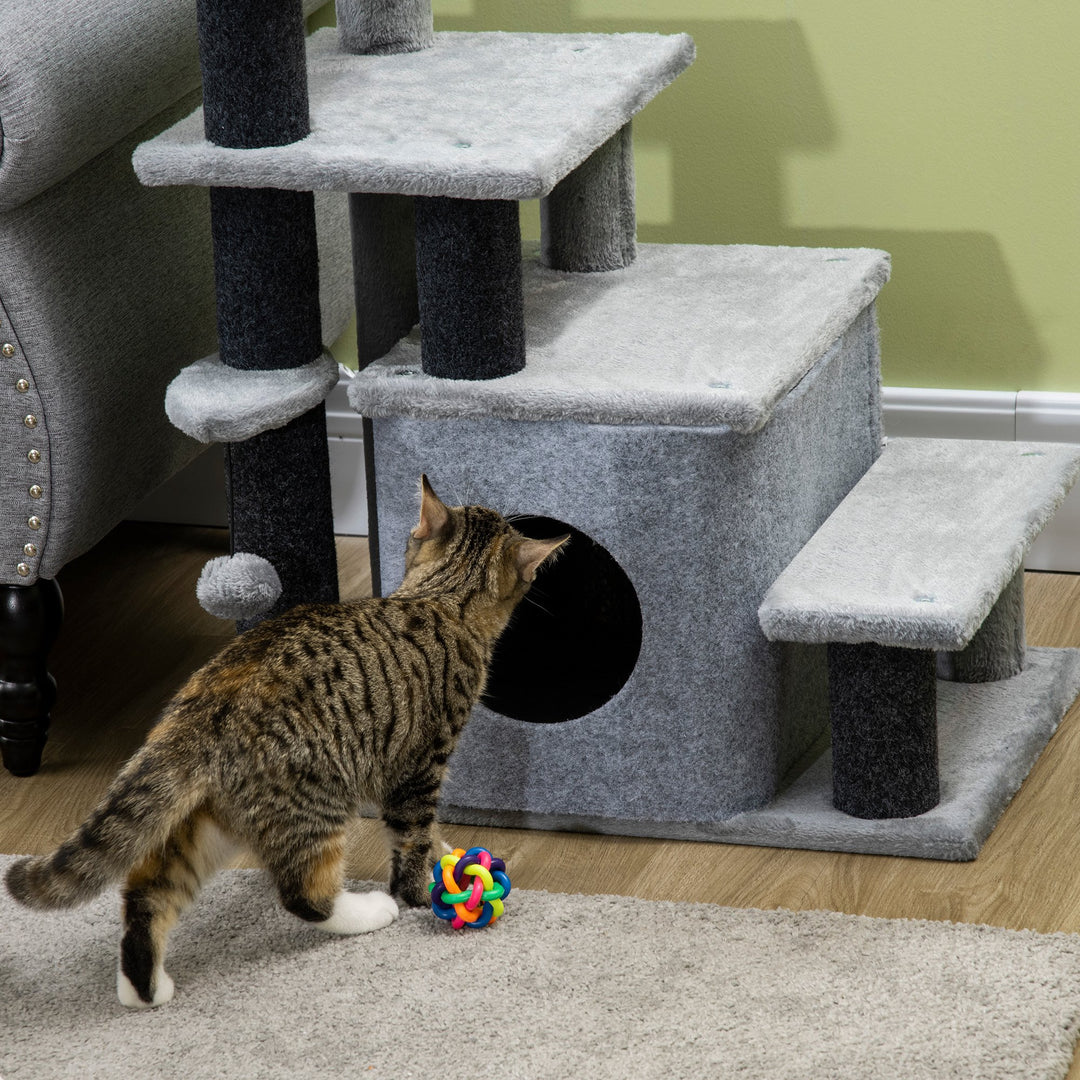 Adjustable Cat Steps, with House & Hanging Toy Ball - Grey