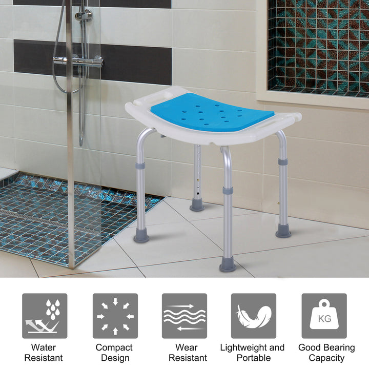 HOMCOM 6-Level Height Adjustable Aluminium Bath Room Stool Chair Shower Non-Slip Design w/ Padded Seat Drainiage Holes Foot Pad - Blue | Aosom UK