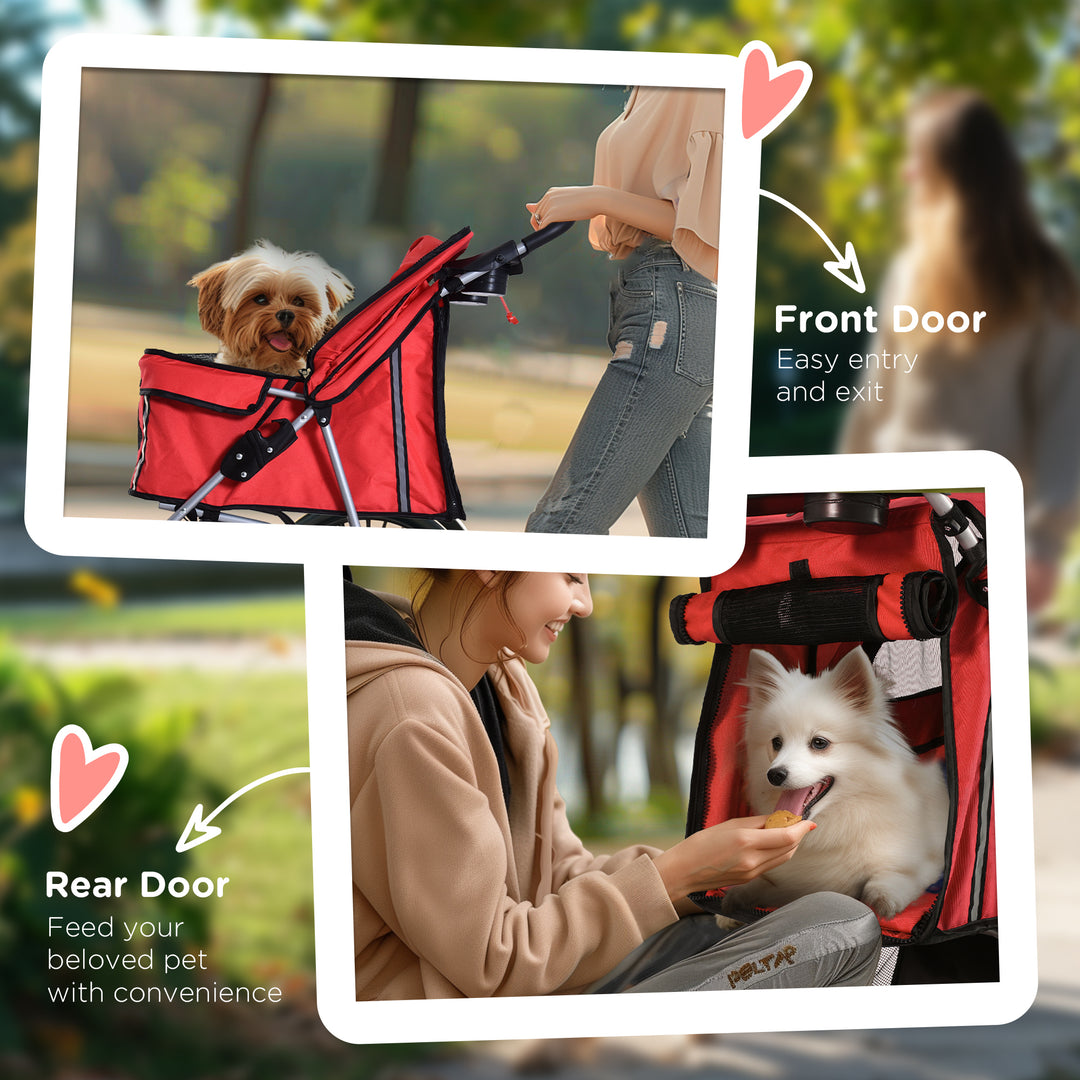 Pet Stroller for Small Miniature Dogs Cats Foldable Travel Carriage with Wheels Zipper Entry Cup Holder Storage Basket Red
