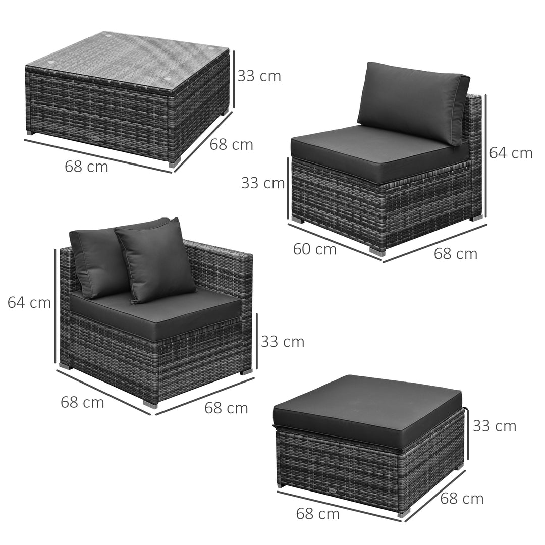 Outsunny 6 Pieces Rattan Garden Furniture Set, 5 Seater Sectional Garden Corner Sofa Set with Glass Top Coffee Table, Cushions and Pillows, All-Weather Wicker Conversation Furniture, Grey