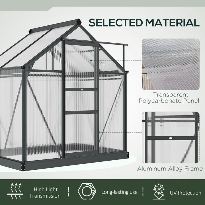 MCL 6 x 4ft Polycarbonate Greenhouse, Large Walk-In Green House with Slide Door and Window, Garden Plants Grow House with Aluminium Frame and Foundation, Grey