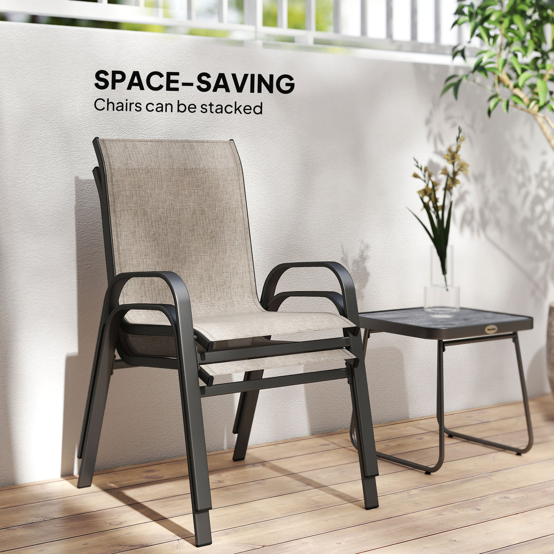 3 Pieces Outdoor Bistro Set, Patio Stackable Armchairs with Breathable Mesh Fabric and SPC Board Coffee Table, Brown