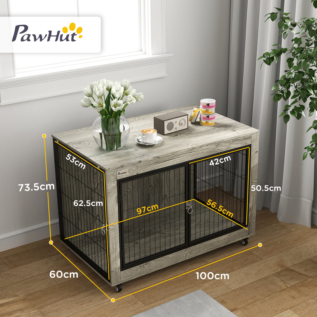 Dog Crate Furniture with Wheels, Double Doors, for Large Dogs, Grey