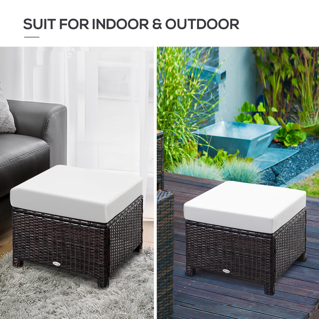 Rattan Footstool Wicker Ottoman with Padded Seat Cushion Outdoor Patio Furniture for Garden Poolside Living Room, 50 x 50 x 35 cm, Brown