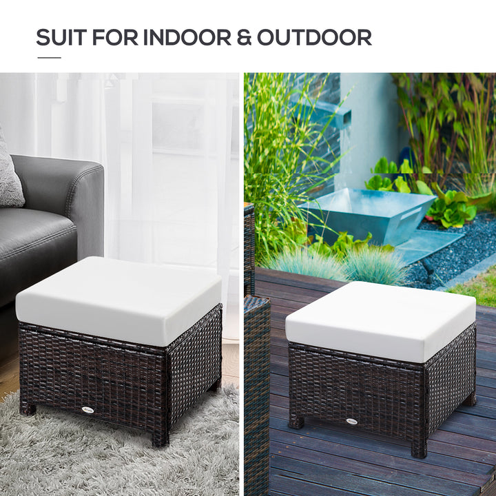 Rattan Footstool Wicker Ottoman with Padded Seat Cushion Outdoor Patio Furniture for Garden Poolside Living Room, 50 x 50 x 35 cm, Brown