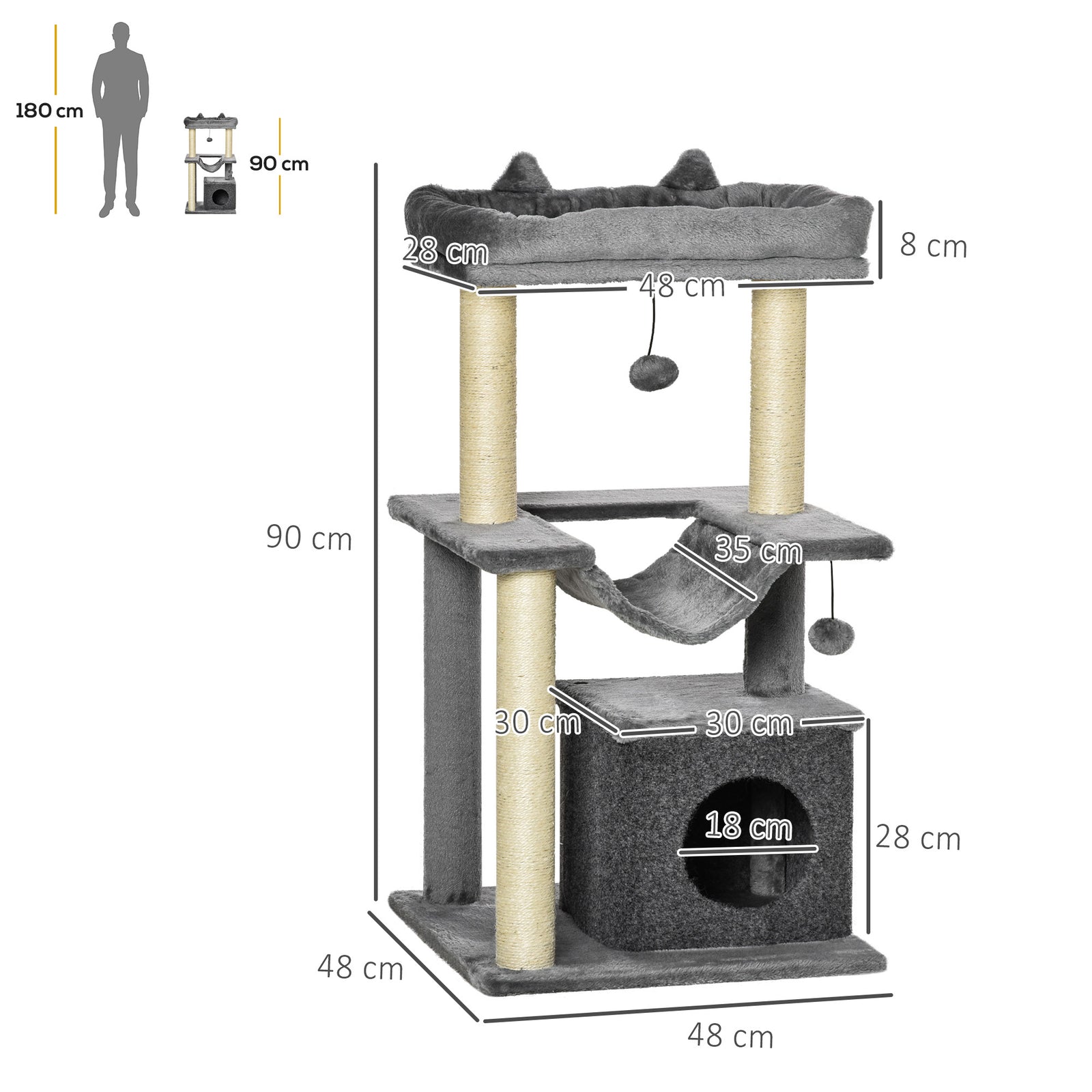 Cat Tree, 90cm Cat Tower with Sisal Scratching Posts, Cat Condo, Hammo