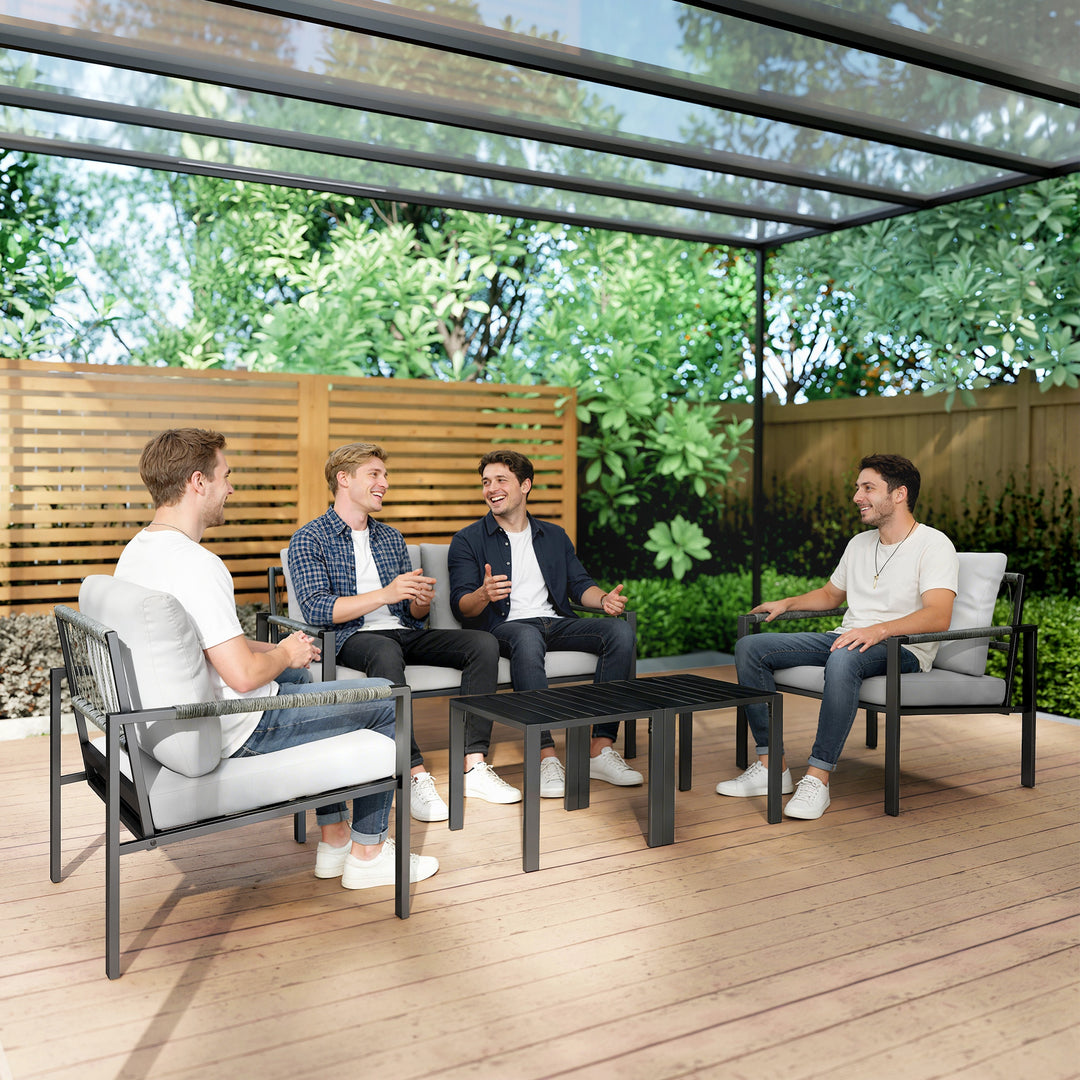 5 Piece Metal Garden Furniture Sofa Set with Thickened Cushions, Loveseat, 2 Armchairs, 2 Coffee Tables