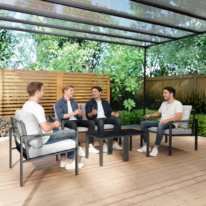 5 Piece Metal Garden Furniture Sofa Set with Thickened Cushions, Loveseat, 2 Armchairs, 2 Coffee Tables