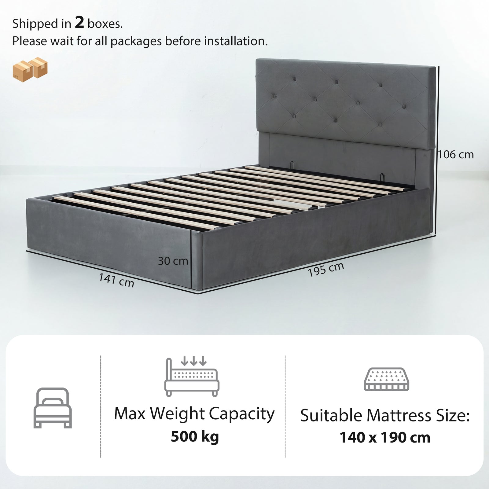 Double Bed Frame Gas End Lift Under Bed Storage Upholstered Platform B