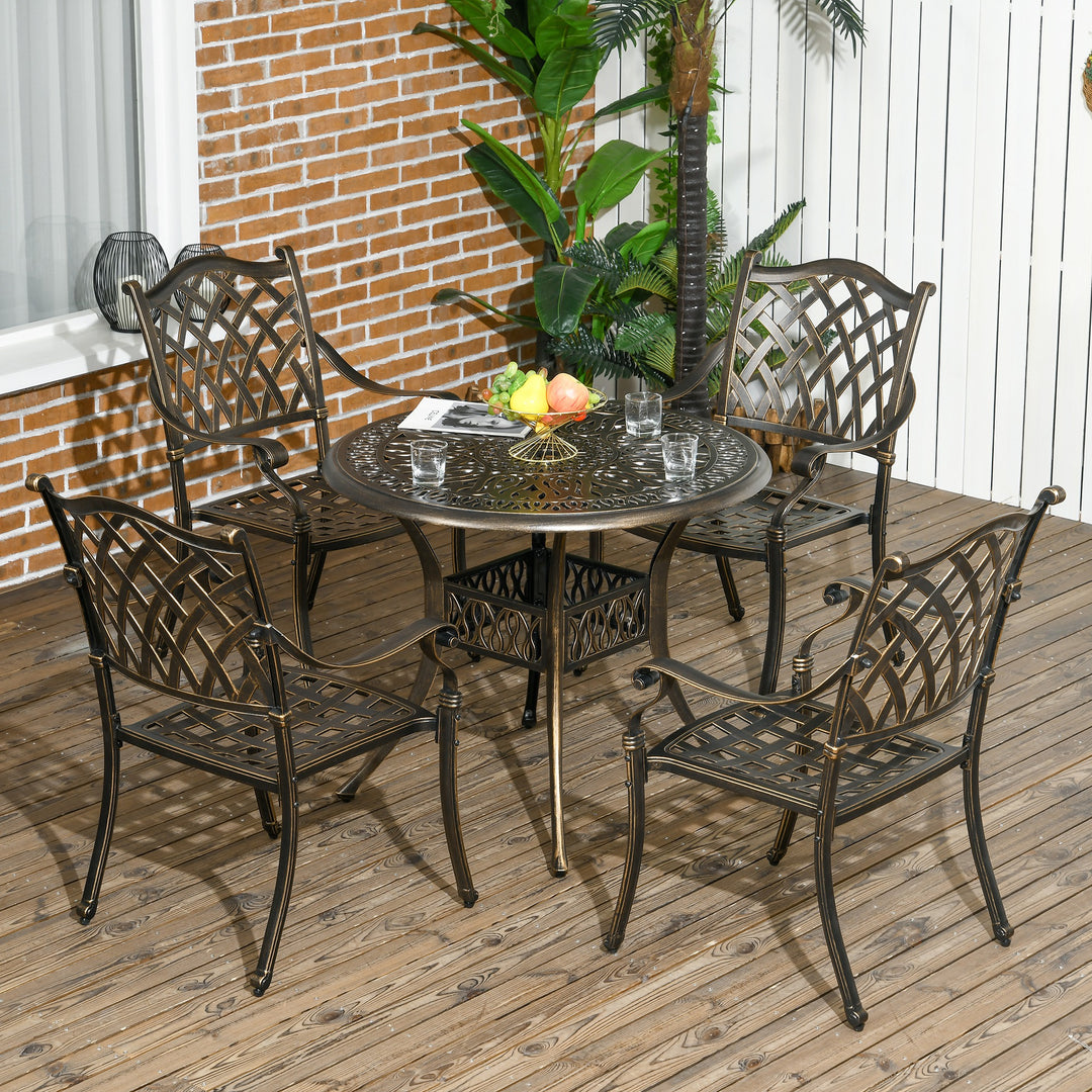 Outsunny 5-Piece Outdoor Furniture Dining Set, Cast Aluminum Conversation Set Includes 4 Chairs, 1 Round Table with Umbrella Hole for Patio Garden