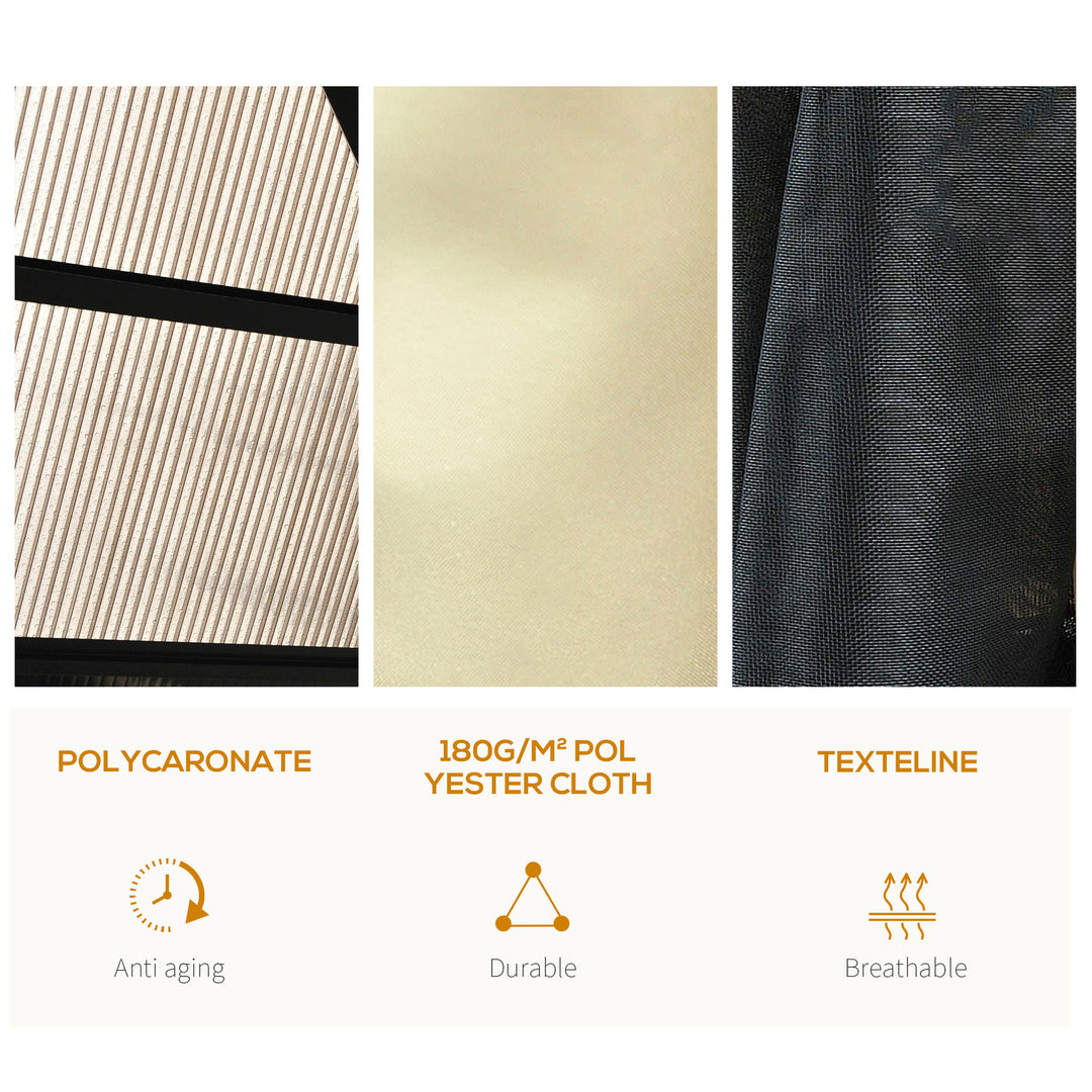 MCL 3.6 x 4m Hardtop Gazebo Canopy with Polycarbonate Roof and Aluminium Frame, Garden Pavilion with Mosquito Netting and Curtains