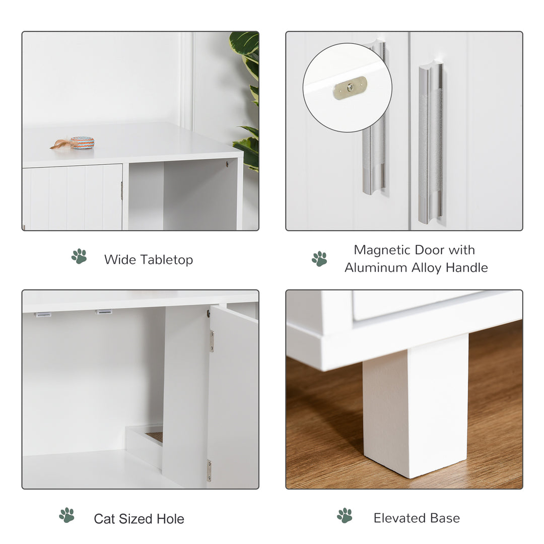 MCL Wooden Cat Litter Box Enclosure & House with Nightstand/End Table Design, Scratcher, & Magnetic Doors, White